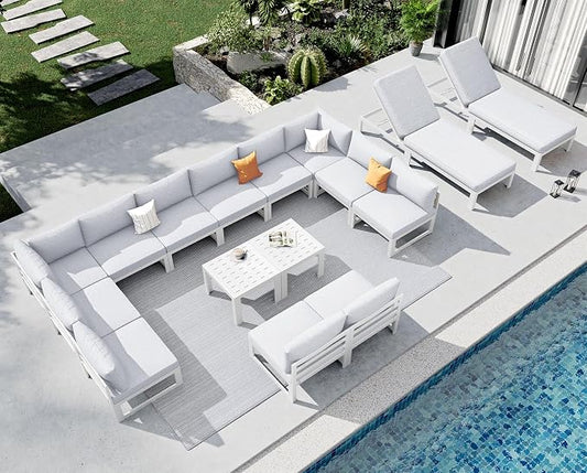 NICESOUL Extra Large Aluminum Patio Furniture Set with Chaise Lounge, All-Weather 29" Wide Seats Outdoor Sofa Conversation Set, 16 Piece Modern Sectional Couch for 14 Seats, for Garden, Light Gray