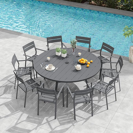 VICLLAX Patio 11 Pieces Outdoor Dining Set, Wrought Iron Metal Outdoor Table and Chairs Set, 60" Round Table with Umbrella Hole and 8 Stackable Chairs for Lawn, Garden, Porch, Dark Grey/Grey