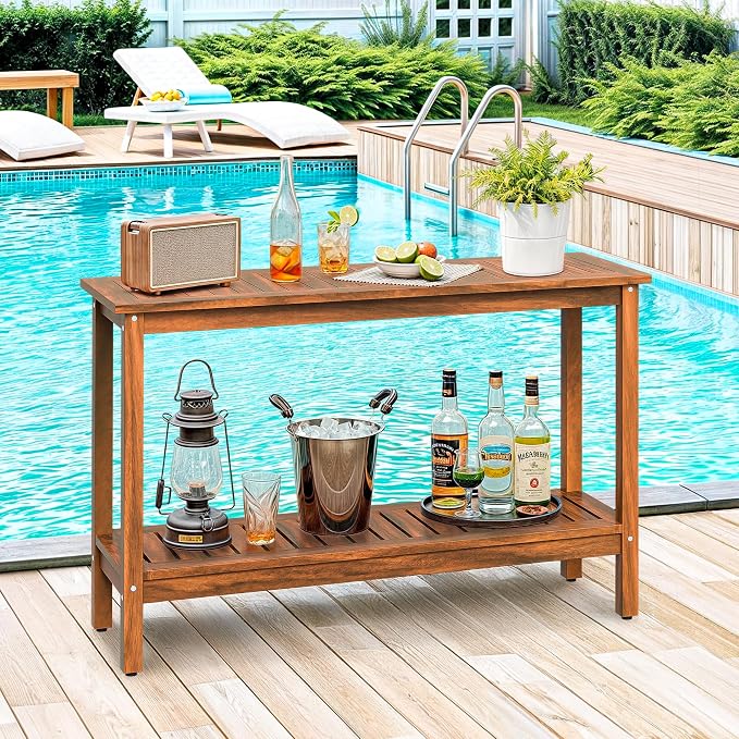 Wooden Console Table, 48in 2-Shelf Solid Wood Patio Side Table, Indoor Outdoor Buffet Bar Organizer with Foot Sliders (Natural)
