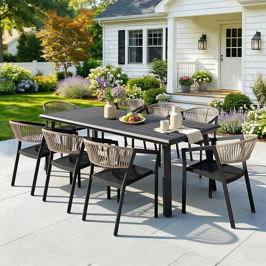 9-Piece Aluminum Patio Dining Set with 8 Stackable Wicker Chairs | 83" Rectangular Outdoor Table with Barrel Brown Chairs Weather Resistant Furniture for Backyard, Deck, Poolside