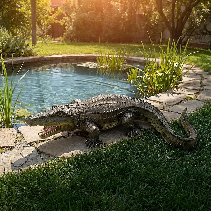 Outdoor Alligator Animal Statue, 23.23 Inch, Green Crocodile | Realistic Crocodile Resin, Garden Statue, For Pond Edge, Lawn, Patio & Backyard