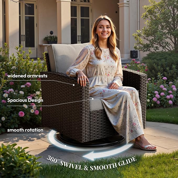 WWR Patio Furniture Set-30% Thicker Wicker-Luxury 1 Piece PatioWicker Outdoor Patio Conversation Set with Extra Wide & Thick Cushions, Swivel Rocking Chairs for Backyard, Porch & Deck