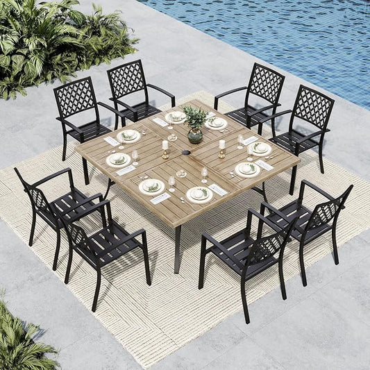 MFSTUDIO Patio Dining Set for 8, Metal Patio Table and Chairs Set, Outdoor Dining Set with Umbrella Hole, 9 Piece Outdoor Patio Furniture Set for Deck Backyard Poolside Garden