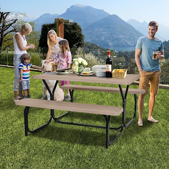 HAPPYGRILL Outdoor Picnic Table Bench Set with Metal Frame, Camping Table Set for Patio Backyard Poolside Garden Dining Party
