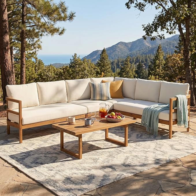 Merax Outdoor Acacia Wood 5-Seater Sectional Sofa Set with Cushions, Solid Wood Patio Modular Lounge with Corner & Table for Balcony, Deck, Porch, Garden, Beige + Light Brown
