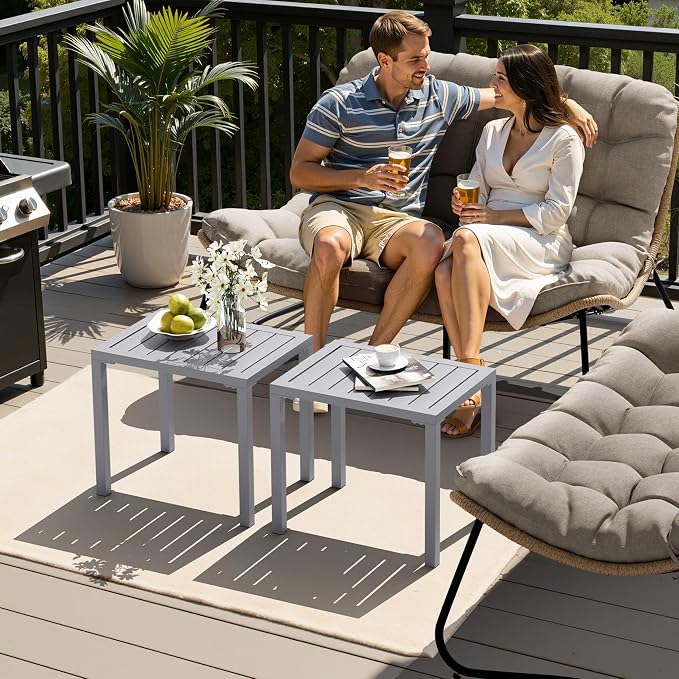 Crestlive Products Outdoor Side Table Set of 2, Aluminum Rectangular Side/End Table, Small Patio Coffee Bistro Table for Outdoor Indoor (Light Grey)