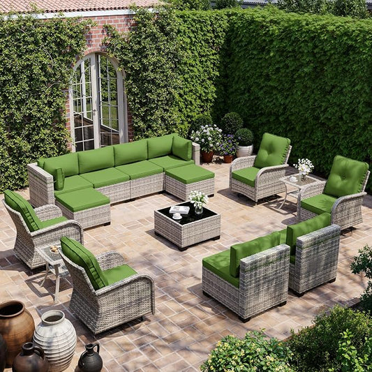 15-Piece Outdoor Patio Furniture Set with Rocking Swivel Chair, Wicker Rattan Sectional Sofa Conversation Set with Tempered Glass Table with Ottomans, Backyard Furniture, Avocado Green