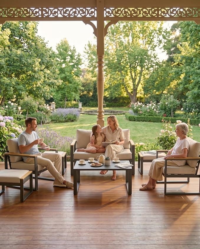 6 Seats Outdoor Patio Conversation Sets with Coffee Table, Aluminum Patio Patio Conversation Set for Balcony, Garden, Deck, Backyard,Beige
