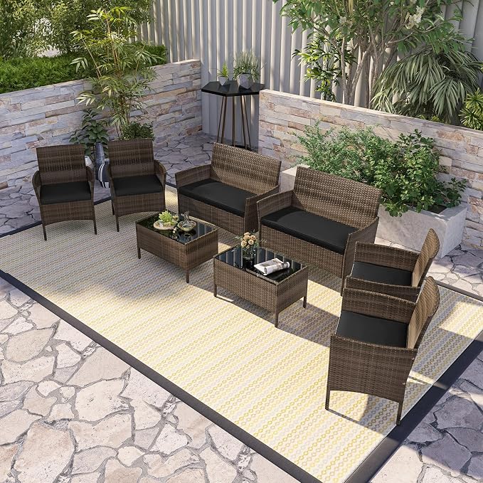 RELAX4LIFE 8-Piece Patio Furniture Set - Rattan Outdoor Conversation Bistro Set w/Cushions, Glass Coffee Table, Wicker Chairs & Loveseat for Garden Backyard Porch, Balcony Furniture Set (2, Black)