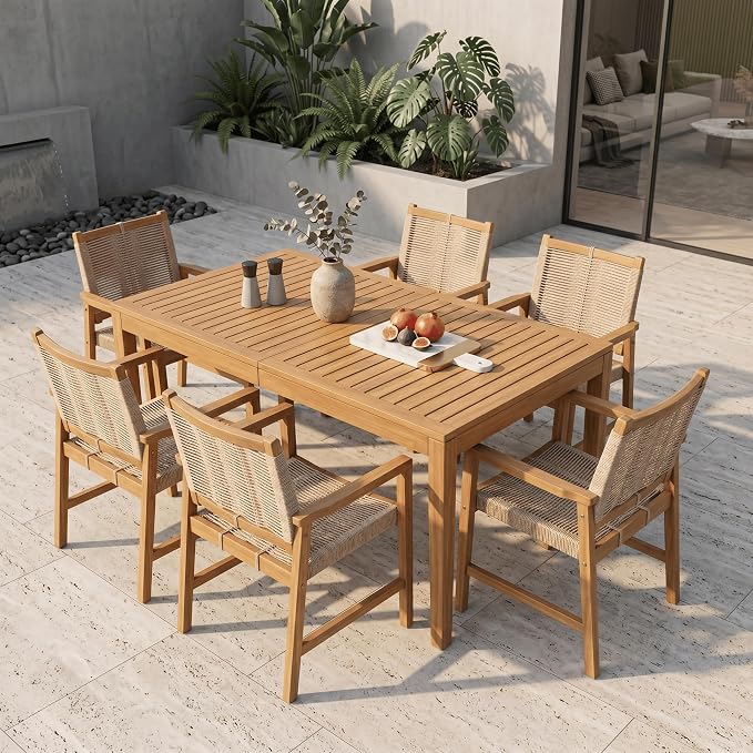 NTC Noma 63 Inch Solid Wood Dining Table and 6 Luno Chairs, Weather Resistant Patio Table for Patio Dining Sets, Backyard, Deck & Dining Room, Easy Assembly, Natural