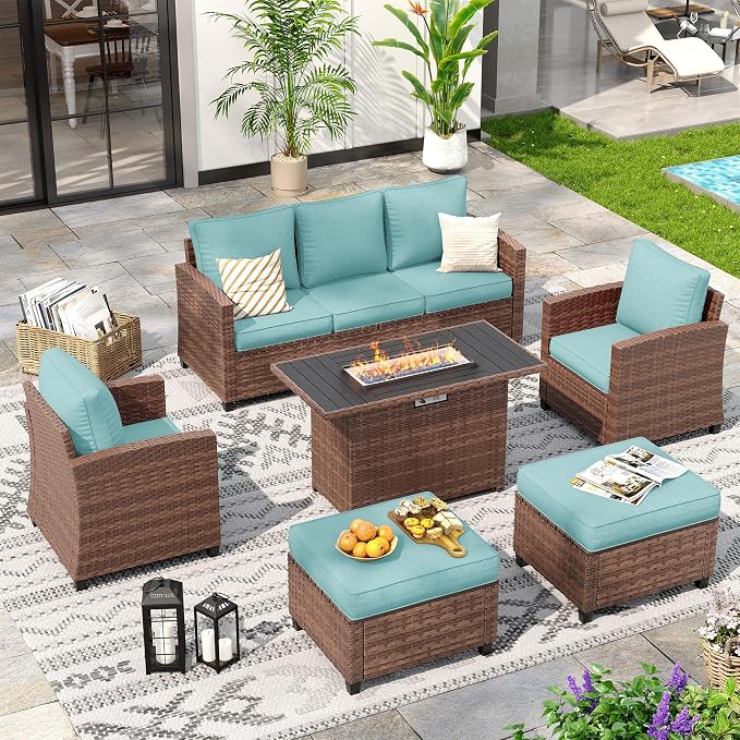 6 Pcs Patio Furniture Set with 44" Propane Gas Fire Pit Table, Rattan Outdoor Couch with Ottomans, 4" Thick Cushions for Backyard Garden Deck,Light Blue