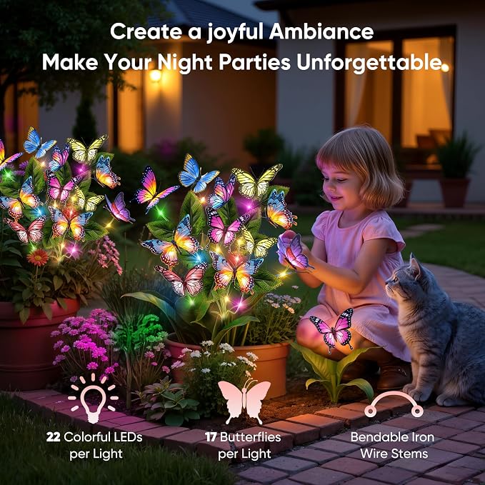 Solar Lights Outdoor Garden Decor: 8 Pack 136 Silk Butterflies with 176 Color-Changing LEDs - Auto On/Off 12H Magical Lighting IP65 Waterproof for Yard Patio Pathway - Unique Gifts for Mom Grandma