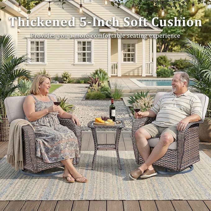 6 PCS Patio Furniture Set Outdoor Sectional Sofa Couch with Rocking Swivel Chairs 5" Deep Seat Chairs, Modern Wicker Rattan Conversation Set, Beige/Brown Wicker