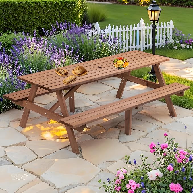 8 Person Natural Fir Wood Picnic Table 75" L x 50" W - Outdoor Camping/Garden Dining Table with 2 Built-in Benches, 2220lb Heavy-Duty Capacity, 2'' Umbrella Hole for DIY, Natural