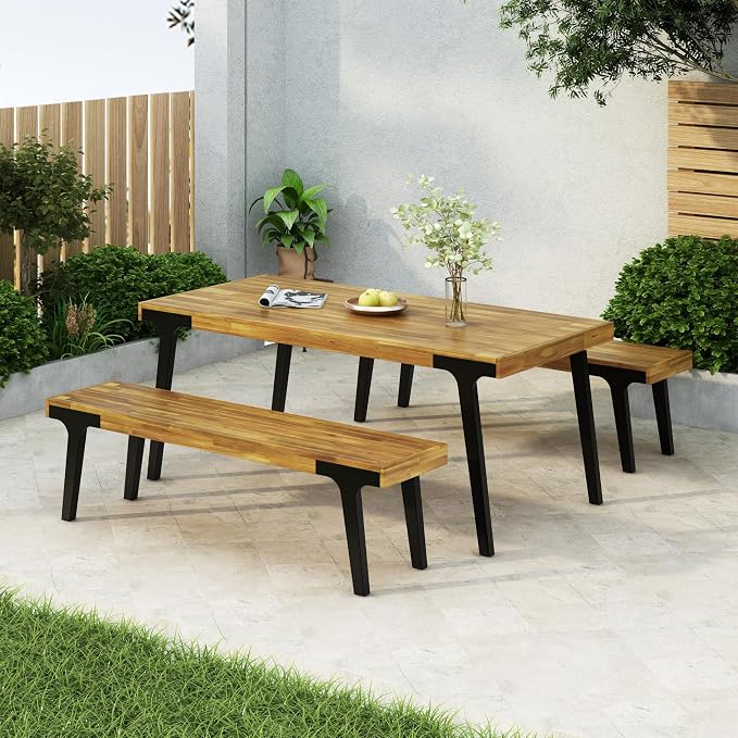 69'' Outdoor Patio Dining Table & 2 Bench for 4, Acacia Wood Farmhouse Dining Table Set Outdoor & Indoor Furniture for Patio Porch Garden, 3-Pcs, Light Teak