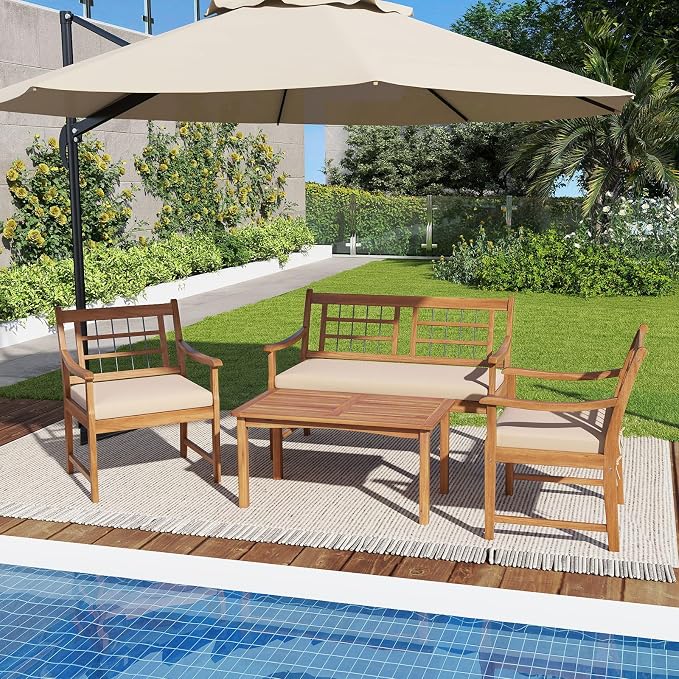 Tangkula 4 Piece Wood Patio Furniture Set, Outdoor Conversation Set w/Soft Seat Cushions, Solid Acacia Wood Frame, 2 Armchairs, Loveseat & Coffee Table Set for Backyard, Porch, Poolside (White)