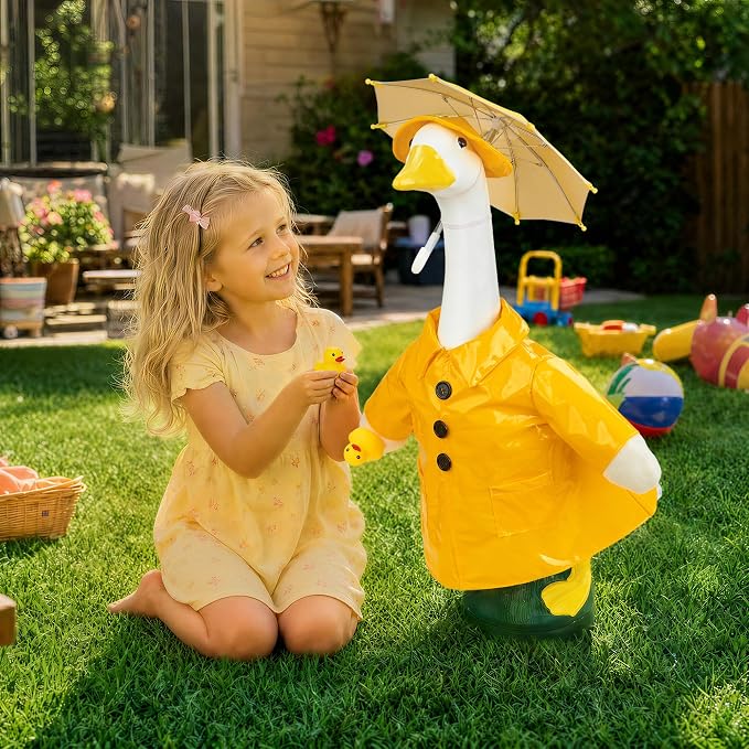 Yellow Raincoat Goose Outfits Porch Goose Waterproof Clothes with Umbrella Hat Rubber Duckie Fits 23" Geese Statue for Spring Summer Garden Lawn Patio Yard Outdoor Decor (Rubber Duckie)