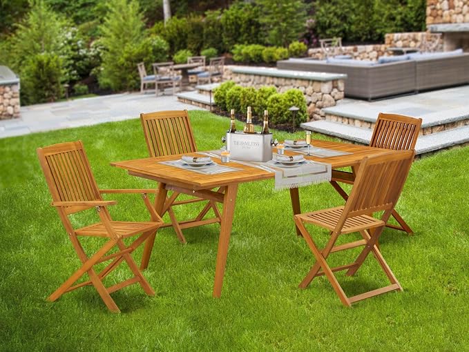 East West Furniture DECM52CANA 5 Piece Patio Bistro Dining Set Includes a Rectangle Outdoor Acacia Wood Table and 2 Folding Arm Chairs with 2 Side Chairs, 40x72 Inch, Natural Oil