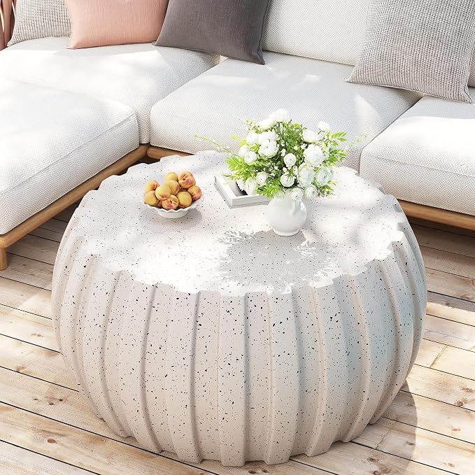 35.43" Faux Stone Coffee Table Round for Indoor or Outdoor Concrete Coffee Tables MgO Cement Center Tables for Living Room, Patio, Garden, Backyard, Balcony, Waterproof, White Drum