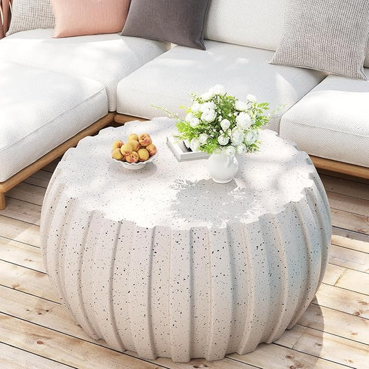 35.43" Faux Stone Coffee Table Round for Indoor or Outdoor Concrete Coffee Tables MgO Cement Center Tables for Living Room, Patio, Garden, Backyard, Balcony, Waterproof, White Drum