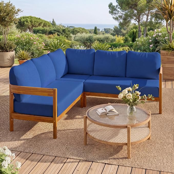 Acacia Wood L-shaped Outdoor Corner Sofa, Patio Conversation Furniture Set With 6 Soft Seat Cushions and Backpack , All Weather Outdoor Patio Sofa with Arc frame for Backyard, Garden (Blue-3.20)