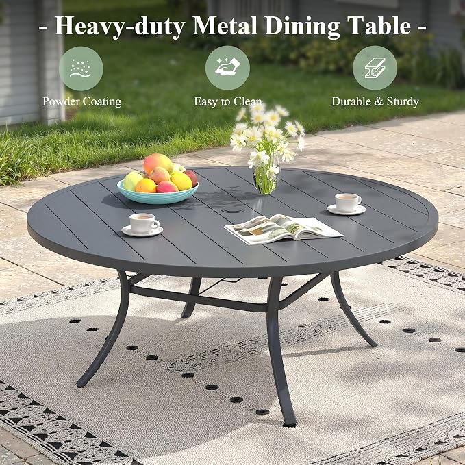 Outdoor Dining Set for 8, 60" Metal Round Outdoor Dining Table with Umbrella Hole and Sling Patio Swivel Chairs, 9 Pieces Patio Table and Chairs Set for Garden Backyard, Grey and Dark Grey