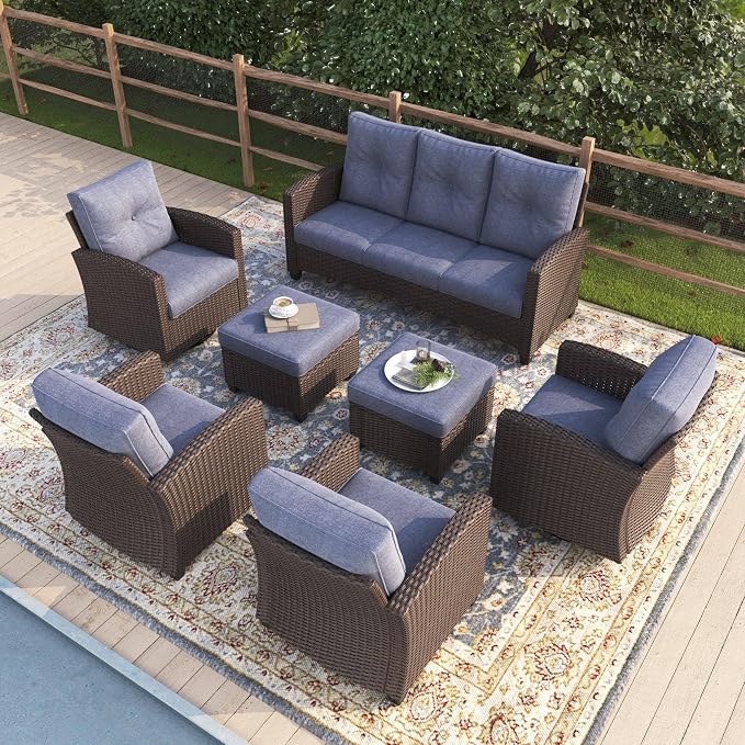 7 Pieces Patio Furniture Swivel Chairs Set, Outdoor Wicker Glider Rocking Chairs with Sofa Set