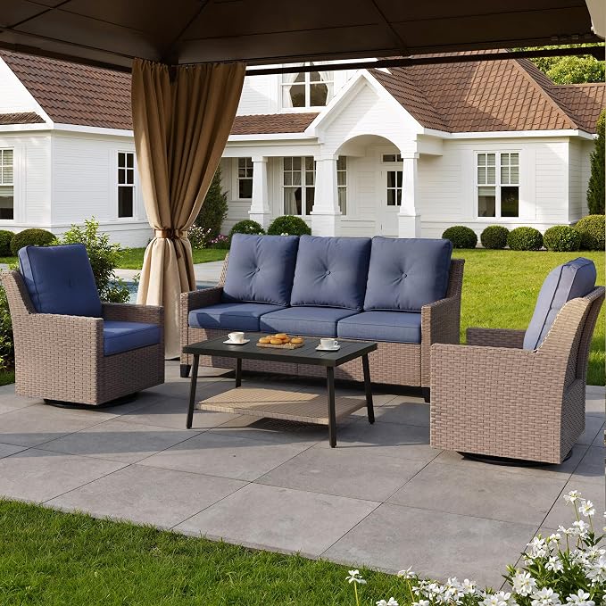 NestNook 4 Piece Patio Furniture Set, Outdoor Rattan Swivel Glider Chairs Set of 2 with 3-Seater Sofa and Coffee Table Wicker Patio Conversation Set for Backyard Balcony & Poolside（Blue）