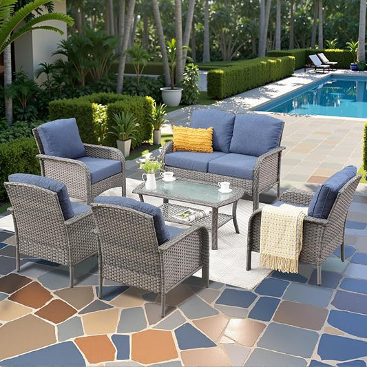 CAODOC 6-Piece Wicker Patio Furniture Set, All-Weather Rattan Conversation Bistro Loveseat Chair and Table Set for Backyard, Balcony and Deck with Soft Cushions and Metal Table(Blue)