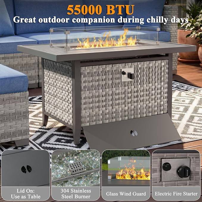 13 Piece Wicker Patio Furniture Set with 55,000 BTU Fire Pit Table, Swivel Rocking Chairs, 4''Cushions, PE Rattan, Wind Guard Glass, for Backyard, Deck or Balcony, Navy