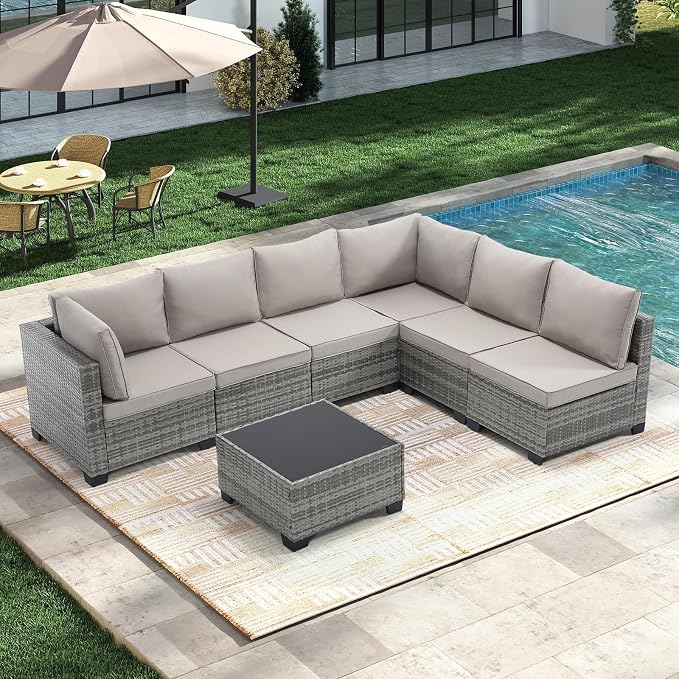 CANMOV 7 Pieces Patio Furniture Sets, All Weather Outdoor Patio Conversation Set, PE Wicker Rattan Sectional Sofa Couch Glass Coffee Table Washable Cushions for Backyard Garden, Poolside, Khaki