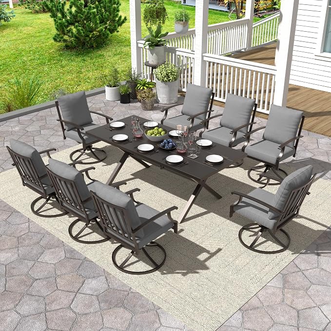 Gotland 9 Piece Outdoor Dining Set, Metal Outdoor Table and Swivel Chairs with X-Shaped Legs 1.5" Umbrella Hole, Patio Furniture Set with Waterproof Cushions, Patio Dining Sets for Backyard Deck Gray