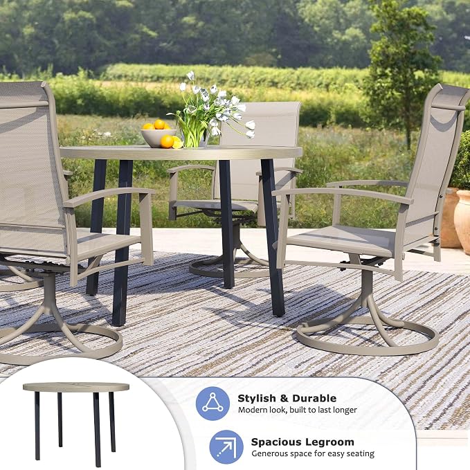 42" Round Patio Dining Table for 4, All-Weather Metal Patio Table with Umbrella Hole, Outdoor Round Dining Table for Lawn Garden Porch, Honey Oak,