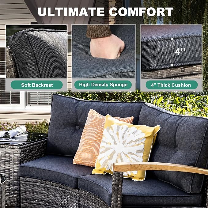 MEISSALIVVE 8-Piece Half-Moon Curved Outdoor Patio Furniture Set, Sectional Conversation Sofa with 2 Half-Moon Ottomans, Round Coffee Table for Backyard Deck Garden, Grey