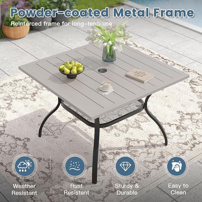 DIFY 5 Piece Outdoor Patio Dining Set for 4, 37.8" Grey Wood-Like Square Metal Dining Table and Swivel Patio Chairs with Grey Padded Textilene, All-Weather Outdoor Furniture Set for Garden Backyard