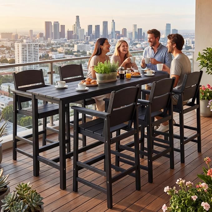6 Pack Outdoor Bar Stools, HDPE Plastic Patio Bar Chairs with Armrests & Footrest, Weather Resistant All-Weather Counter Height Chairs for Outdoor Deck, Backyard, Poolside,Black