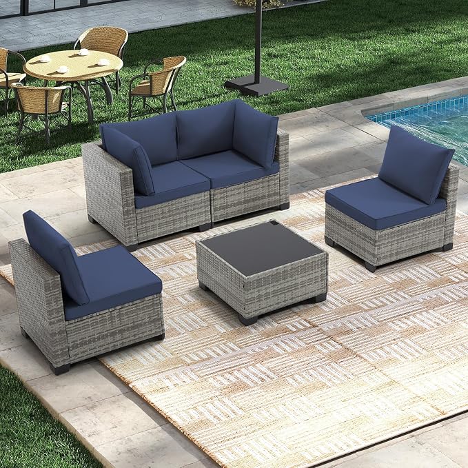 CANMOV 5 Pieces Patio Furniture Sets, All Weather Outdoor Patio Conversation Set, PE Wicker Rattan Sectional Sofa Couch Glass Coffee Table Washable Cushions for Backyard, Porch, Poolside, Navy Blue