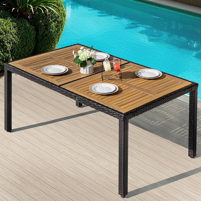 NUU GARDEN 59 x 35 Inch Outdoor Patio Dining Table for 6, Acacia Wood Slatted Tabletop with Rattan Wrapped Metal Frame, All Weather Outdoor Table for Garden Backyard Lawn, Black