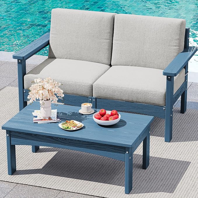 SERWALL HDPE Patio Sofa Set, 3 Pieces Conversation Set, All-Weather Outdoor Couch Sectional Sofas with Removable Cushions and Coffee Table for Balcony, Garden, Poolside, Blue Frame with Khaki Cushion