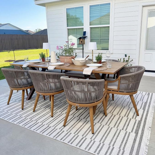 PURPLE LEAF 9 Pieces Outdoor Dining Set All Weather Wicker Patio Dining Set with Rectangular Aluminum Table and Modern Armrest Dining Chairs for Garden Deck Backyard Kitchen, Teak Finish