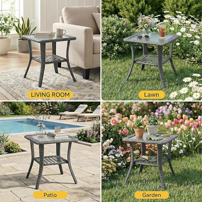 Patio Tables Wicker Side Table, Rattan End Table with Glass Top for Outdoor Outside Patio Porch Deck Square Brown