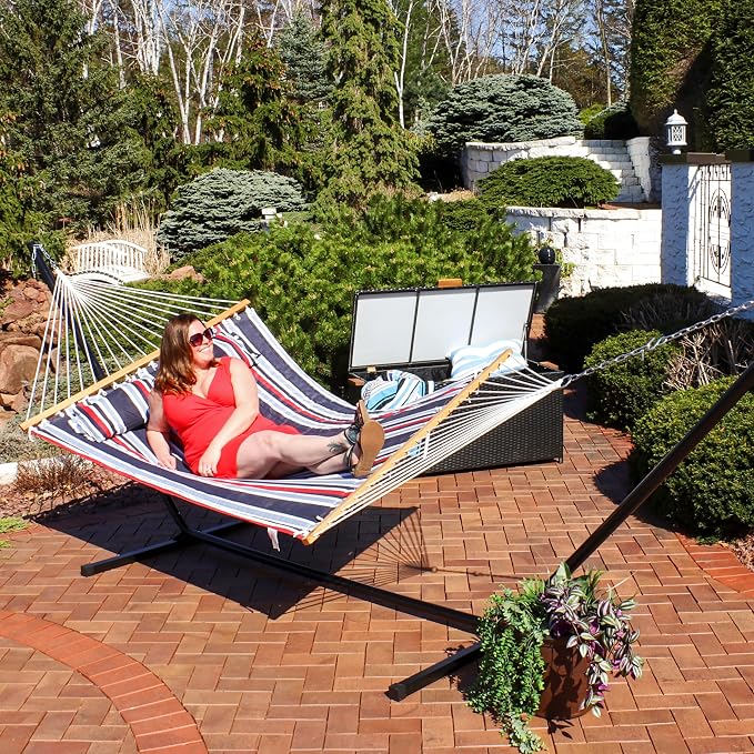 Sunnydaze Quilted Double Hammock for Outside with Spreader Bars and Pillow - 450 lb Capacity, 74x55 Inch Bed, UV Resistant, Quick Dry - Chains Included, Stand Sold Separately - Nautical Stripe