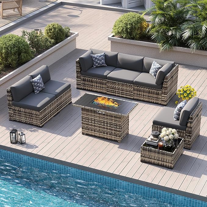8 Pieces Outdoor Patio Furniture Set with 44" Fire Pit Table Yellow Rattan Sectional Conversation Sets w/Gas Fire Pit, Coffee Table, 1 Waterproof Covers, Dark Grey