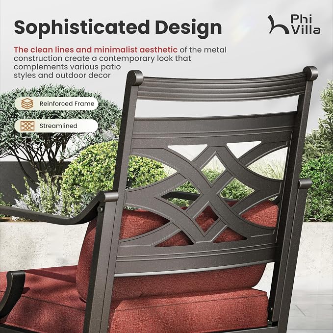 PHI VILLA 9 Piece, Outdoor Dining Set, 57.5" Square Metal Table, Red | Wrought Iron, Swivel Chairs, Cushions, Umbrella Hole, Weather-Resistant