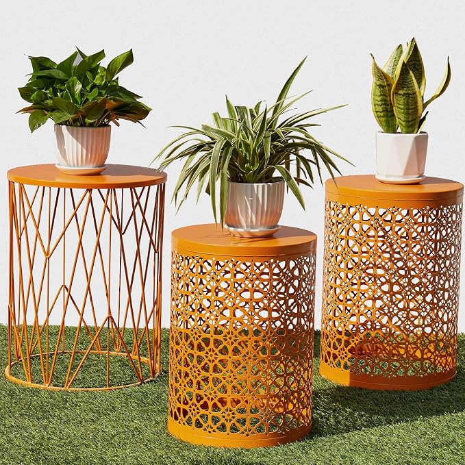 Y&M Outdoor Side Tables, Set of 3 Metal Stacking Patio Side Tables for Outside, Round Indoor End Tables, Coffee Accent Poolside Tables for Patio Garden Balcony, Orange