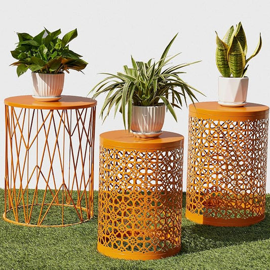 Y&M Outdoor Side Tables, Set of 3 Metal Stacking Patio Side Tables for Outside, Round Indoor End Tables, Coffee Accent Poolside Tables for Patio Garden Balcony, Orange