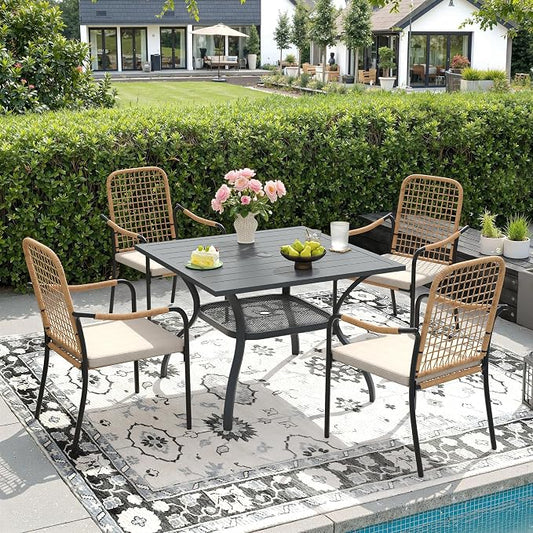 DIFY 5 Pieces Outdoor Dining Set, Metal Patio Table and Chairs Set for 4, 37.8" Square Dining Table with Umbrella Hole & Wicker Stackable Patio Chairs with Cushions, Grey Tabletop