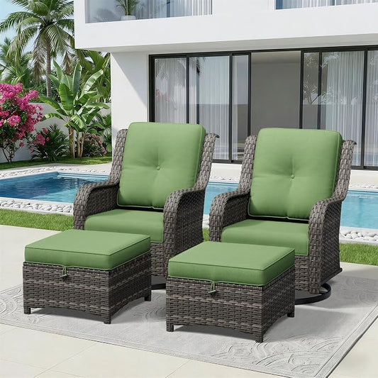 4 Piece Outdoor Wicker Patio Furniture Set, Outdoor Swivel Rocker Patio Chairs Set with Thickened Olefin Cushions, High Back and Deep Seating, Hand-Woven PE Rattan, Ottoman for Porch, Deck