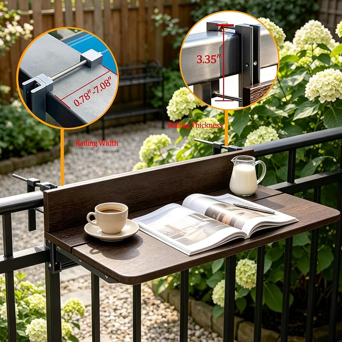 Balcony Bar Table for Railings, Outdoor Hanging Folding Adjustable Height Deck Rail Table for Patio, Garden, Rustproof Aluminum Alloy Frame,Weather Resistant, Easy Assembly