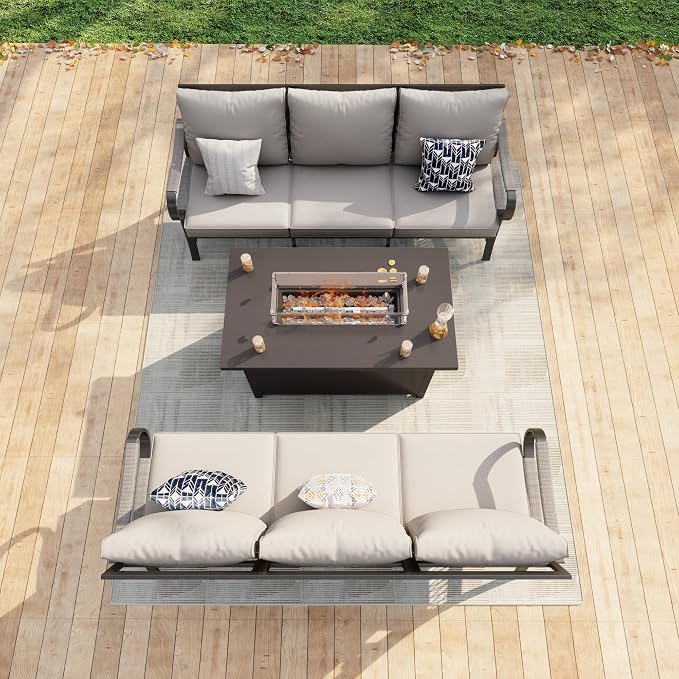 3 Pieces Outdoor Patio Conversation Sets, Outdoor Furniture Set Metal 2 Three-Seater Sofas with Fire Pit Table for Backyard Deck Porch Poolside, Beige